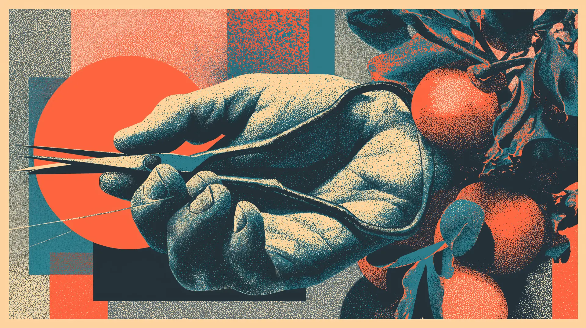 Neo-brutalist illustration of a hand holding scissors cutting a branch with oranges against a geometric teal and orange background, symbolizing layoff warning signs, job cuts, and early signals that a company is preparing to downsize.
