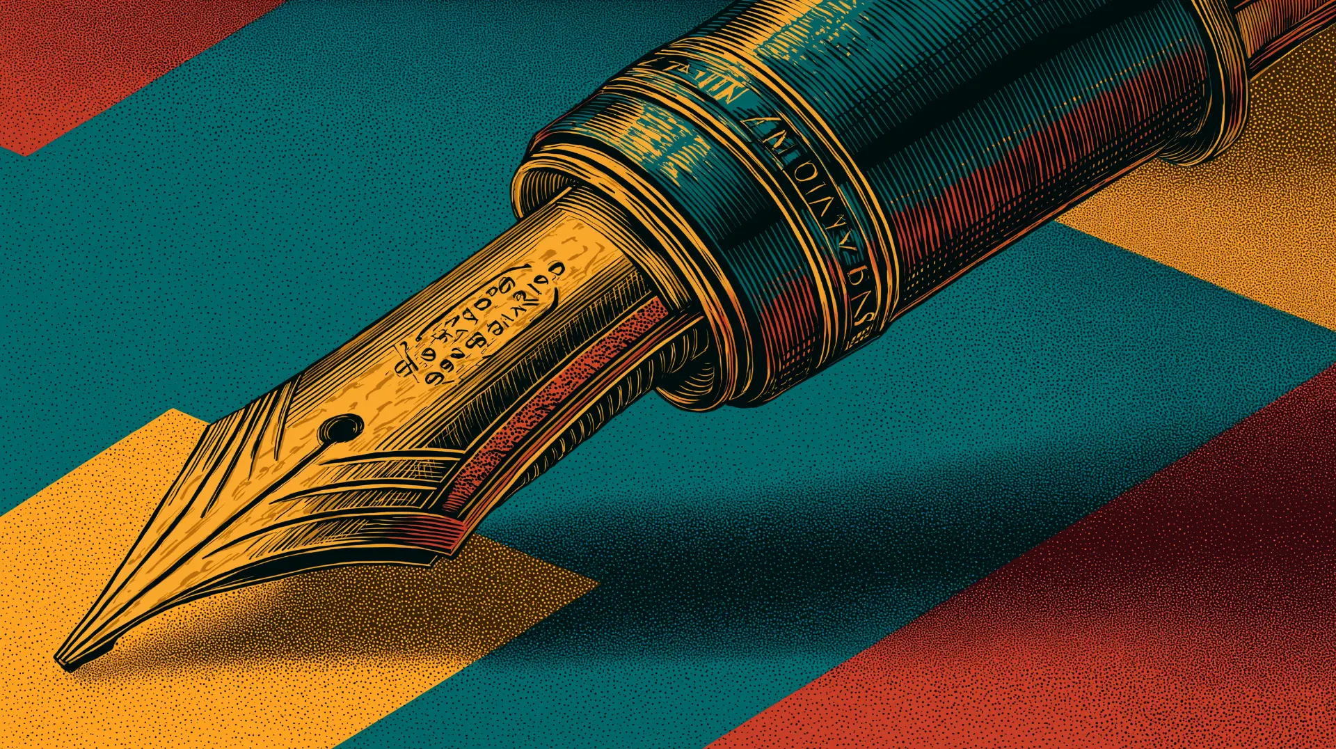 Neo-brutalist illustration of a fountain pen labeled Standard Agreement casting a long shadow over bold teal, yellow, and red diagonal blocks, symbolizing severance agreements, release clauses, and rights workers may sign away.