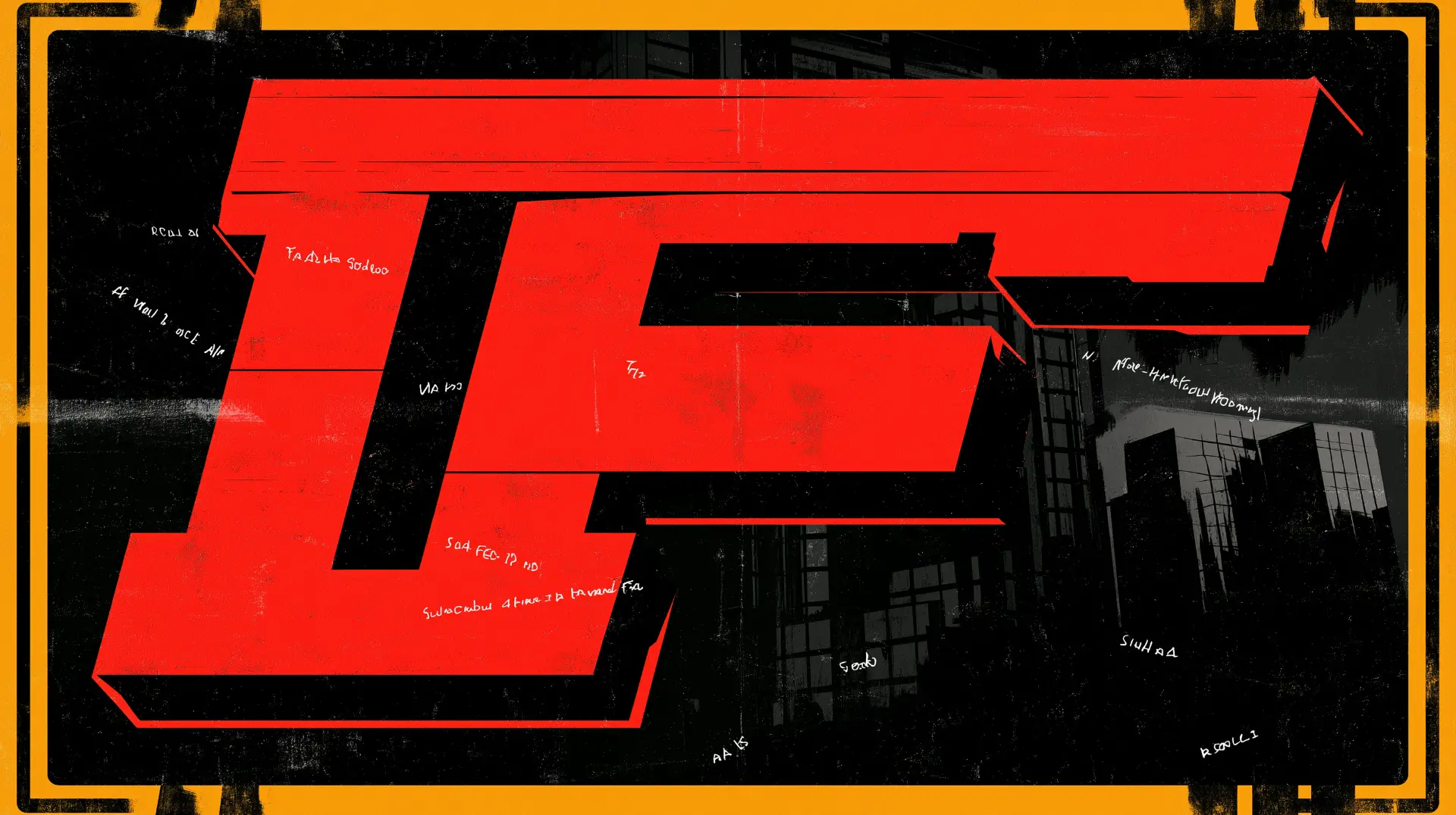 Giant red letter F over a dark corporate skyline, framed in yellow, in a neo-brutalist style, representing a failing employer grade.