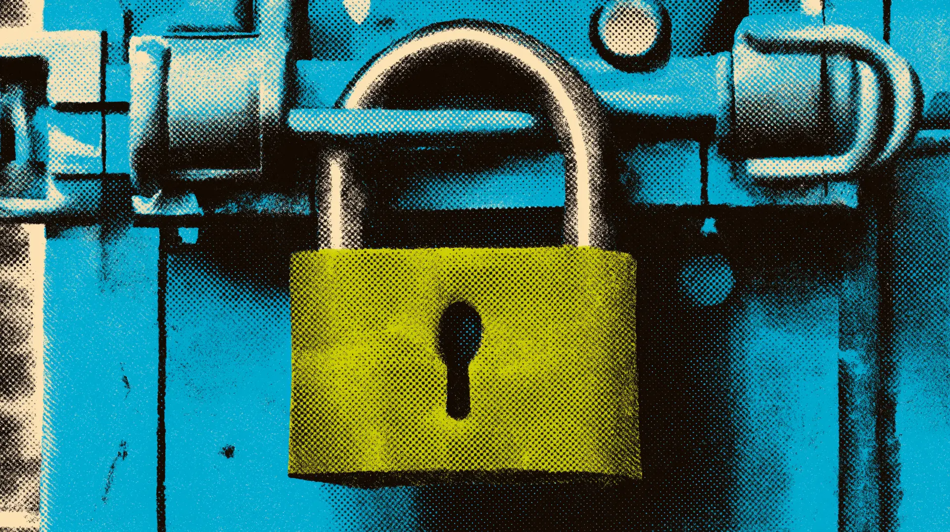 Neo-brutalist illustration of a yellow padlock against a blue halftone background, symbolizing worker protections and the legal safeguards of the WARN Act 60-day layoff notice requirement.