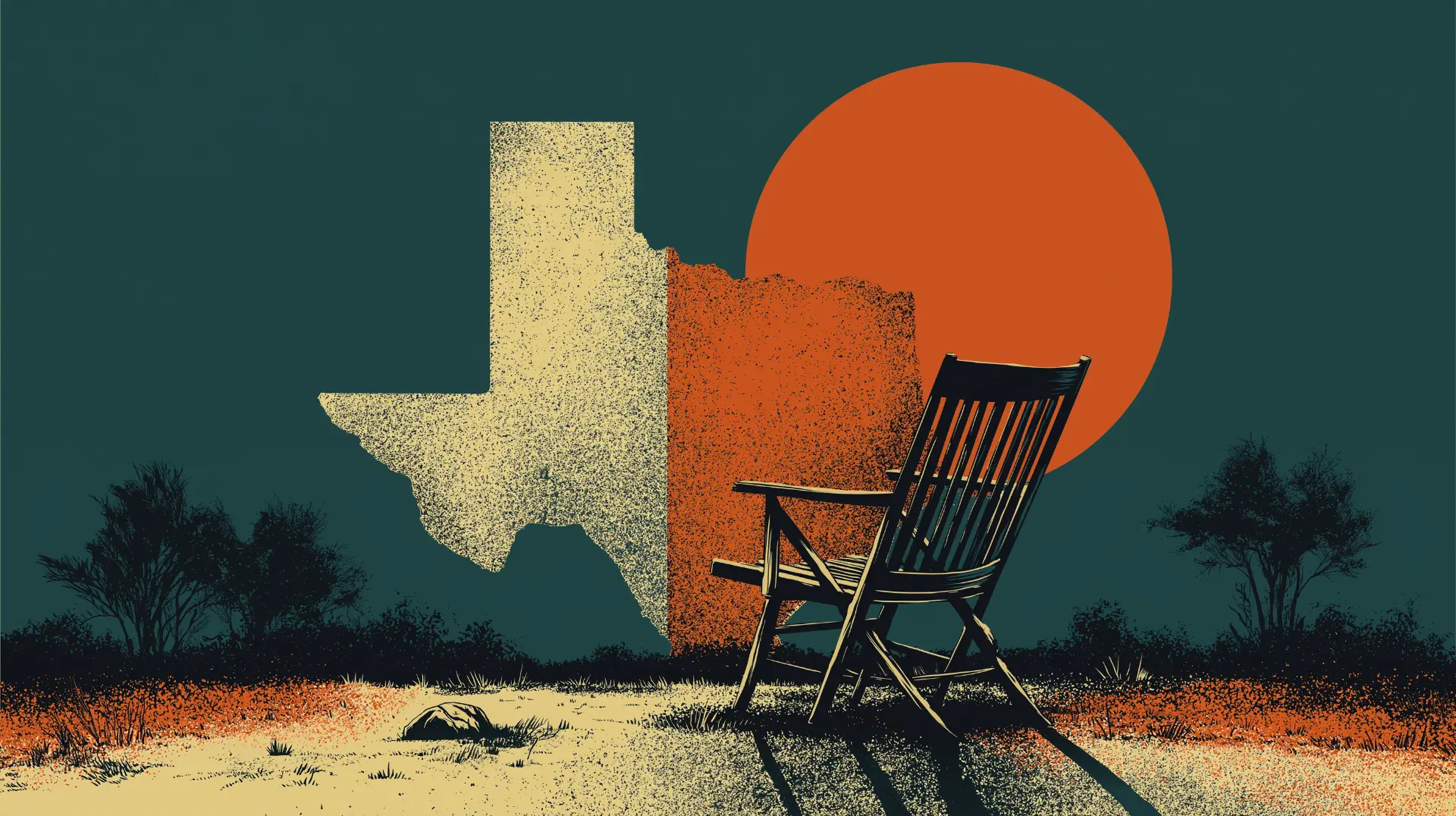 Neo-brutalist illustration of the Texas state outline split between cream and burnt orange, with a wooden rocking chair silhouetted against a setting sun over a desert landscape, symbolizing Texas layoff rights and worker protections.