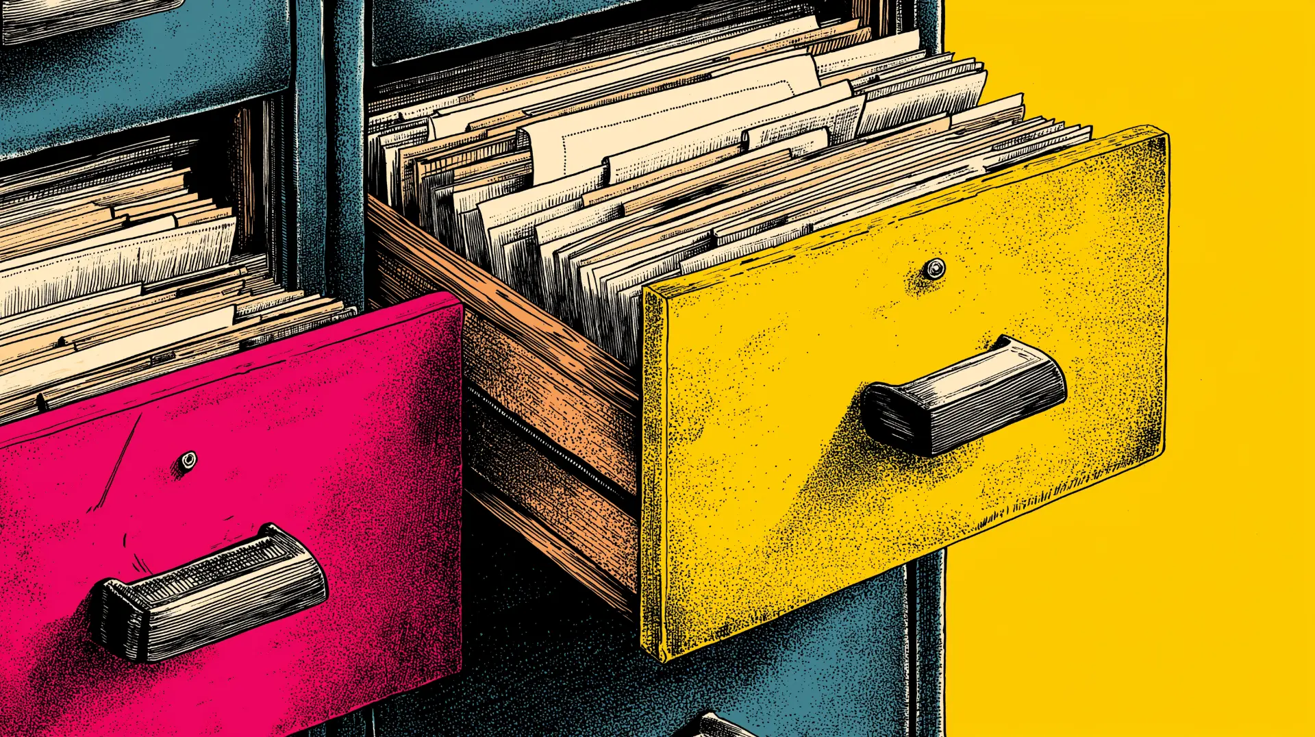Neo-brutalist illustration of overstuffed yellow and magenta filing cabinets overflowing with employee records, symbolizing the data behind the worst companies to work for in 2026, toxic employers, and failing workplace rankings.