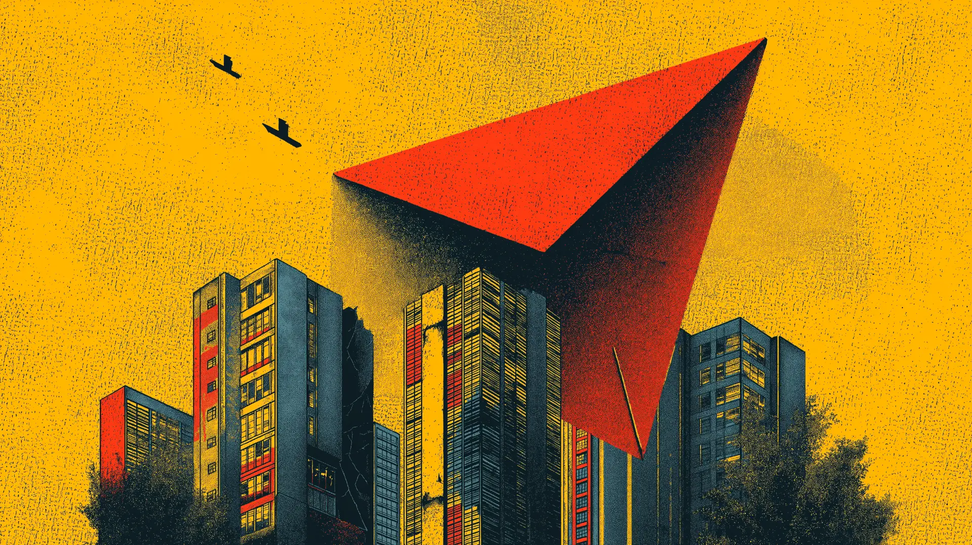 Neo-brutalist illustration of a giant red arrow pointing down at office towers on a yellow background, symbolizing layoffs and the severance, final pay, and WARN Act notice an employer owes laid off workers.