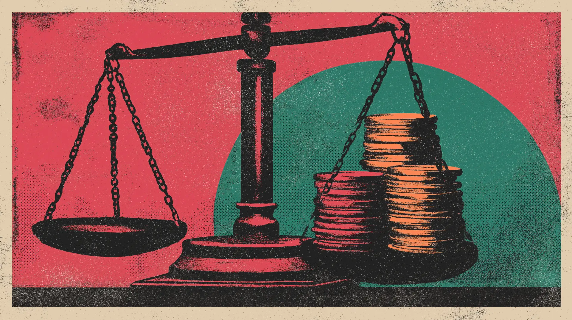 Neo-brutalist illustration of unbalanced scales weighed down by stacked coins on one side, symbolizing pay-to-play employer review sites, biased ratings, and why company review scores are rigged.