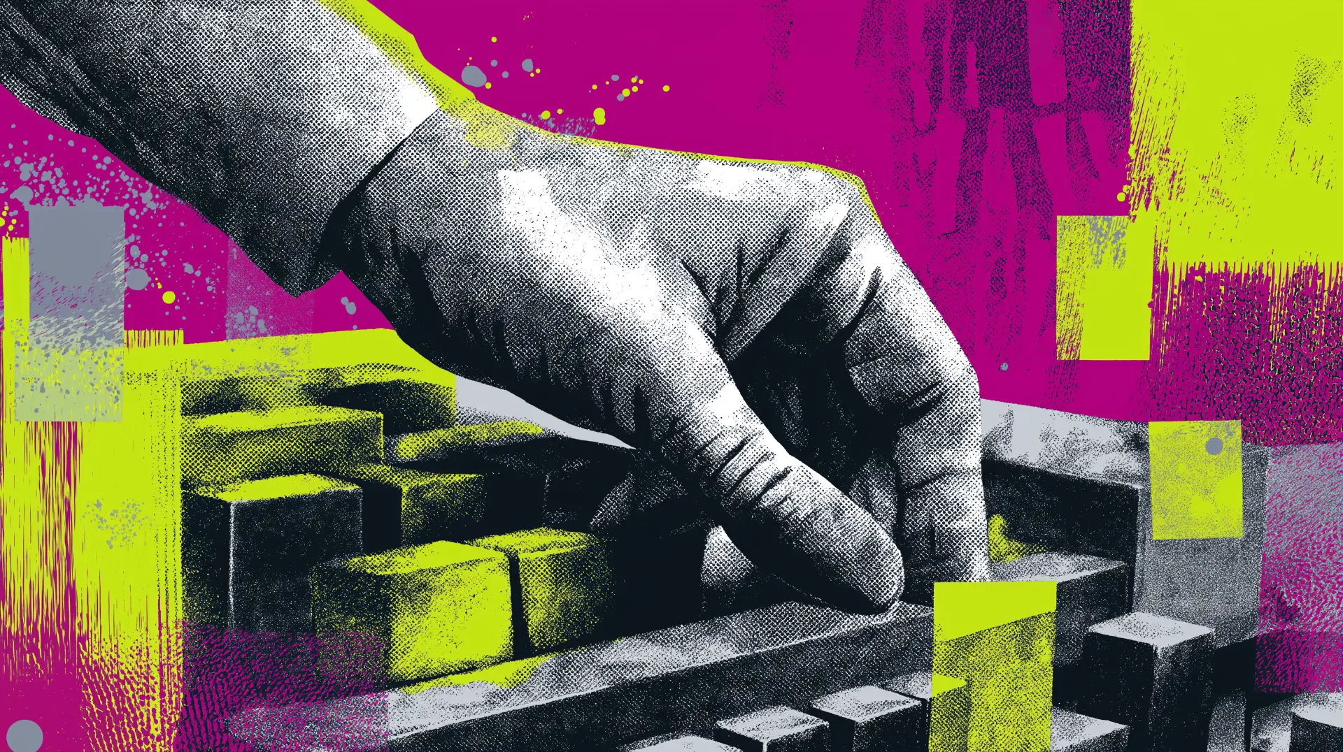 Neo-brutalist illustration of a giant hand pressing down on crumbling steps against a magenta and yellow background, symbolizing constructive discharge, being pushed out of a job, and a layoff that is actually a firing in disguise.