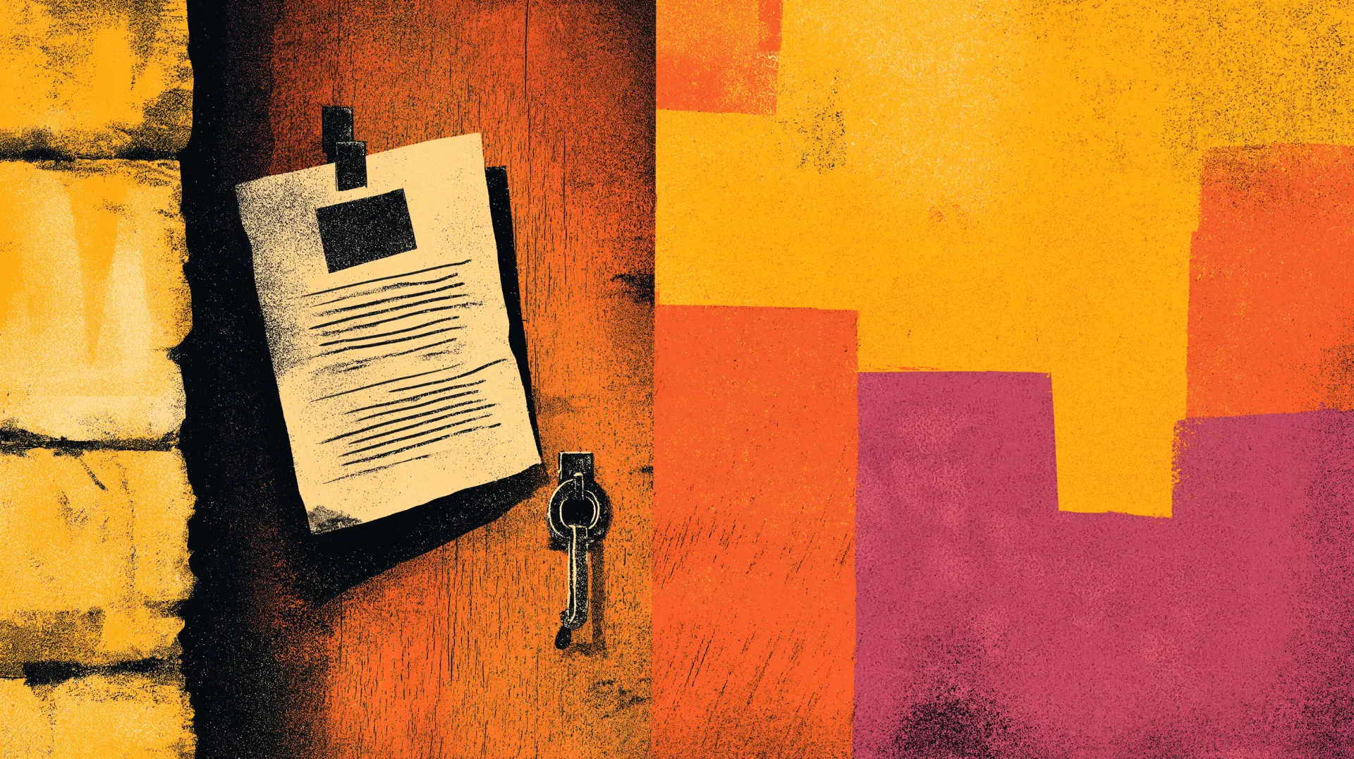 Neo-brutalist illustration of a legal layoff notice pinned to a wall with a key, symbolizing California WARN Act rights, the 60-day advance notice rule, and worker protections during mass layoffs.